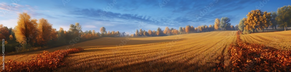 A crisp autumn evening in a rural countryside golden fields stretching under a cool blue sky A crisp autumn evening in a rural countryside golden fields stretching under a cool blue sky