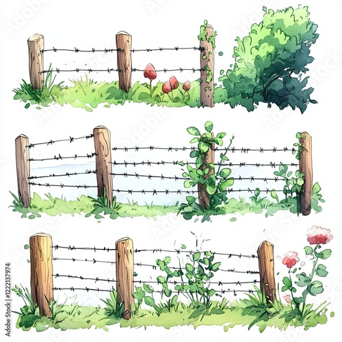 Three watercolor illustrations of barbed wire fences with variations of surrounding foliage and flowers.