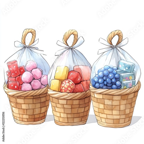Three wicker baskets with assorted candies in cellophane bags, tied with twine.