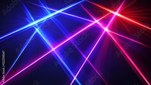 Abstract vibrant red and blue laser light beams crossing on dark background.