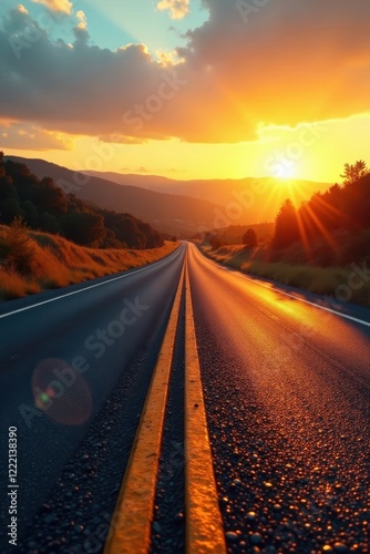 Golden hour light paints asphalt, distant hills glow , silhouette, journey