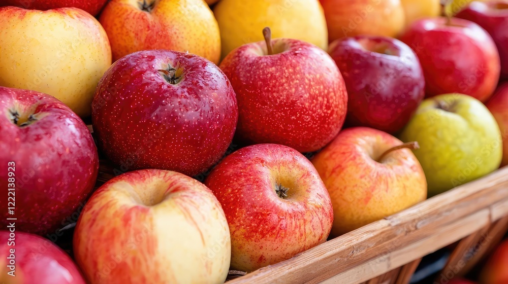 Fresh red and yellow apples in a basket at a market Fresh red and yellow apples in a basket at a market