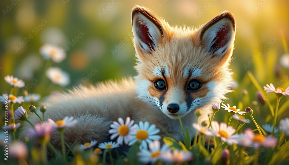 Fototapeta premium Adorable Red Fox Kit Among Daisies in a Sunlit Meadow