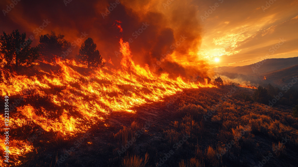 A raging wildfire burning along a dry hillside, with thick smoke billowing upward A raging wildfire burning along a dry hillside, with thick smoke billowing upward