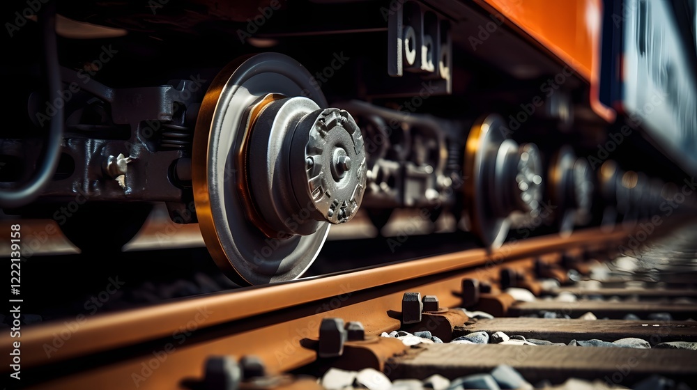 Naklejka premium Detailed Close up Shot of Electric Train Wheels Traveling along Metal Railway Tracks Showcasing the Machinery and Infrastructure of Modern Rail Transportation Systems