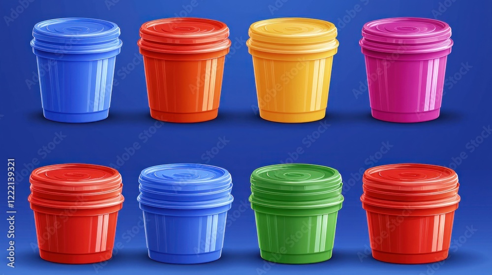 Colorful plastic cups stacked, studio shot, blue background, craft supplies Colorful plastic cups stacked, studio shot, blue background, craft supplies