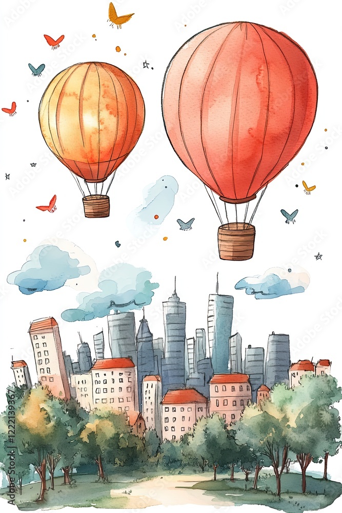 Obraz premium Two red and yellow hot air balloons floating above a cityscape with butterflies.