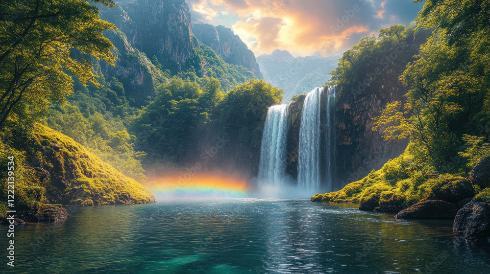 Fototapeta premium A rainbow arching over a cascading waterfall in a lush forest setting