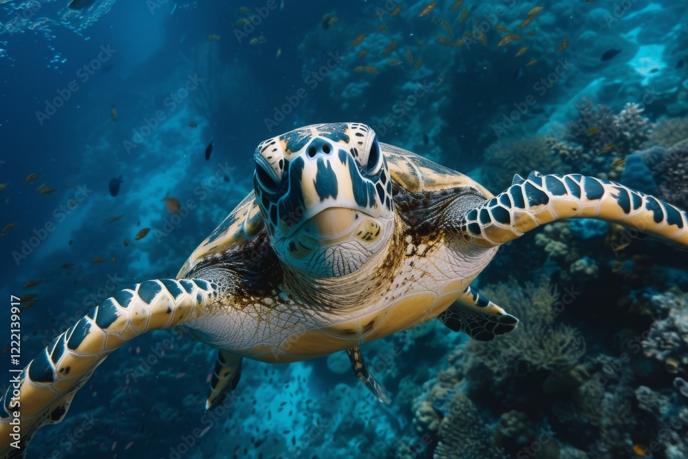 Fototapeta premium Hawksbill turtle gracefully swimming through the deep sea showcasing its vibrant shell and intricate patterns in a coral-rich environment