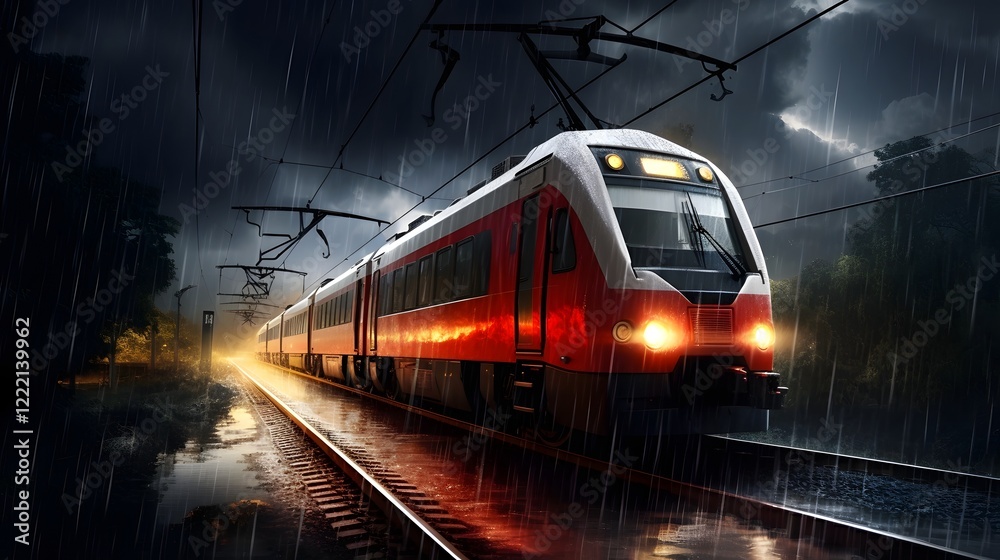Fototapeta premium Electric train rapidly moving through a rain soaked landscape with dark clouds and stormy weather conditions in the background The train is rushing through the urban environment