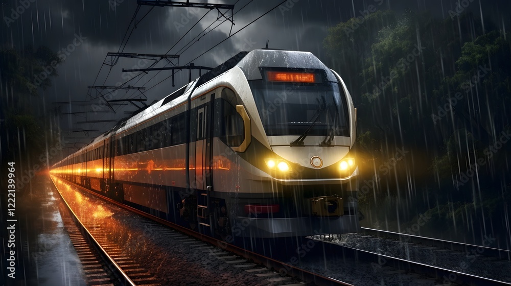 Fototapeta premium Dramatic electric train rapidly traversing through a rainstorm with lightning flashes illuminating the stormy moody atmosphere around the locomotive as it speeds along the rails