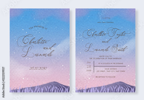 Set of Watercolor blue sky with floral field landscape mountain wedding invitation template