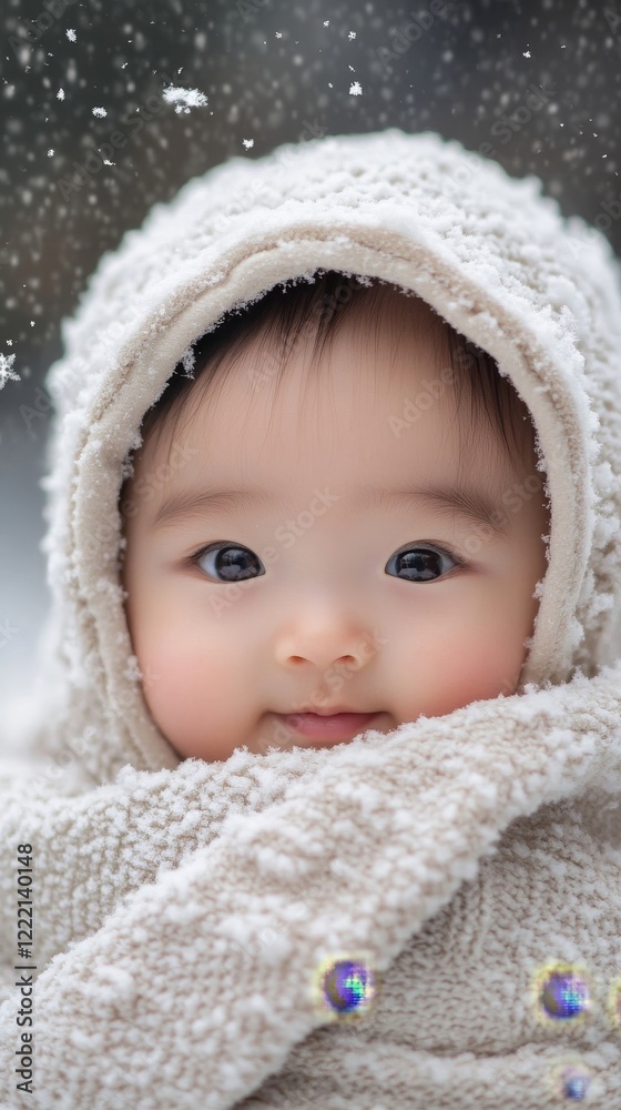 Adorable Chinese Baby Wrapped in Blanket with Snowflakes Falling on Cheeks During Winter Season, Close-Up Portrait of Infancy in Cold Weather, Capturing Innocence and Beauty Under, Generative AI Adorable Chinese Baby Wrapped in Blanket with Snowflakes Falling on Cheeks During Winter Season, Close-Up Portrait of Infancy in Cold Weather, Capturing Innocence and Beauty Under, Generative AI