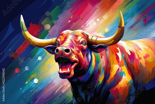 A vibrant graphical representation of a bullish stock market trend featuring a colorful bull symbolizing confidence and growth in finance during a prosperous economic period
