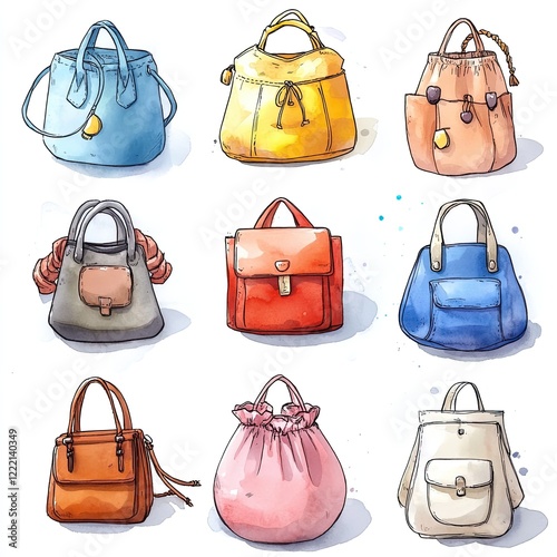 Watercolor illustration of 9 different types of handbags with various shapes and colors, suitable for fashion magazine or website design.