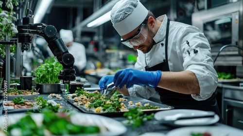 Chef plating food in a modern kitchen, preparing dishes for service, robotic arms in background, for restaurant website photo