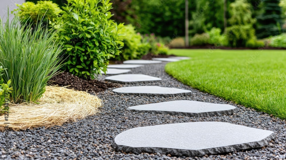 Obraz premium Gardening landscaping idea. A scenic garden path lined with stones, grass, and vibrant greenery.