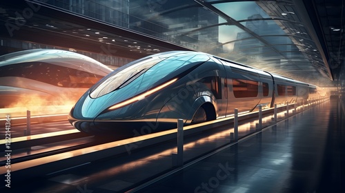 A sleek and innovative futuristic electric train design showcased on a dynamic virtual track representing the future of sustainable and high speed transportation technology