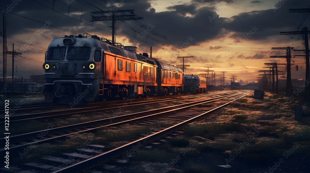 Obraz premium Sleek electric freight train swiftly transporting cargo through a vibrant industrialized urban landscape with towering buildings and infrastructure