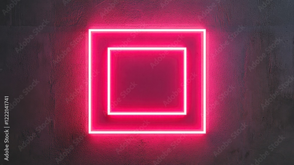 Bright Neon Square Frame Against Dark Wall Background Design
