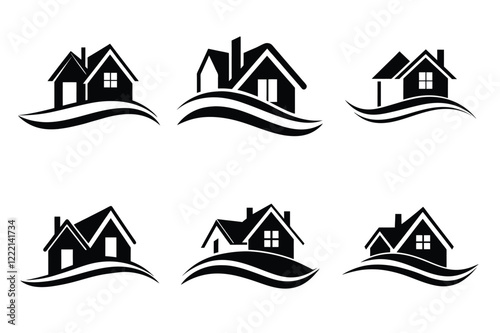 Real Estate icon set. Vector illustration. The collection contains icons: House, Real Estate Insurance, Real Estate Agent, House Key, Domestic Life, Real Estate Construction, Relocation, Home.