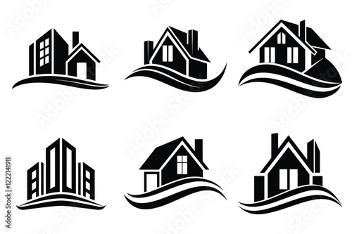 Real Estate icon set. Vector illustration. The collection contains icons: House, Real Estate Insurance, Real Estate Agent, House Key, Domestic Life, Real Estate Construction, Relocation, Home.