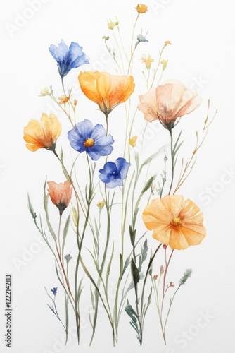 Colorful Watercolor Floral Arrangement with Wildflowers and Greens