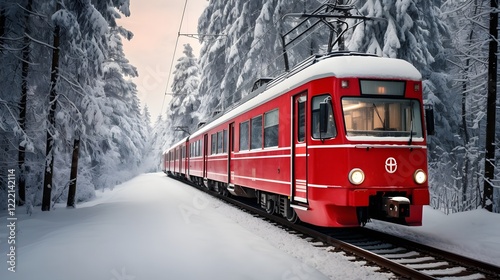 Vibrant Red Electric Train Traversing Snowy Forest Landscape   Sleek locomotive passing through a serene winter wonderland setting with tall trees covered in snow