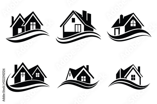 Real Estate icon set. Vector illustration. The collection contains icons: House, Real Estate Insurance, Real Estate Agent, House Key, Domestic Life, Real Estate Construction, Relocation, Home.