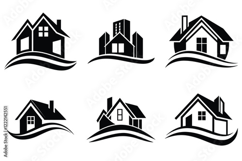 Real Estate icon set. Vector illustration. The collection contains icons: House, Real Estate Insurance, Real Estate Agent, House Key, Domestic Life, Real Estate Construction, Relocation, Home.