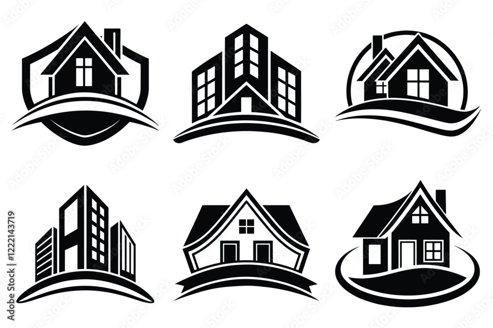 Fototapeta premium Real Estate icon set. Vector illustration. The collection contains icons: House, Real Estate Insurance, Real Estate Agent, House Key, Domestic Life, Real Estate Construction, Relocation, Home.