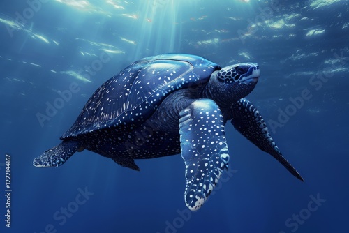 The majestic leatherback sea turtle gracefully swims through the deep blue ocean, with sunlight filtering down from the surface, showcasing its unique spotted shell photo