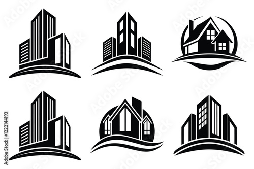 Real Estate icon set. Vector illustration. The collection contains icons: House, Real Estate Insurance, Real Estate Agent, House Key, Domestic Life, Real Estate Construction, Relocation, Home.