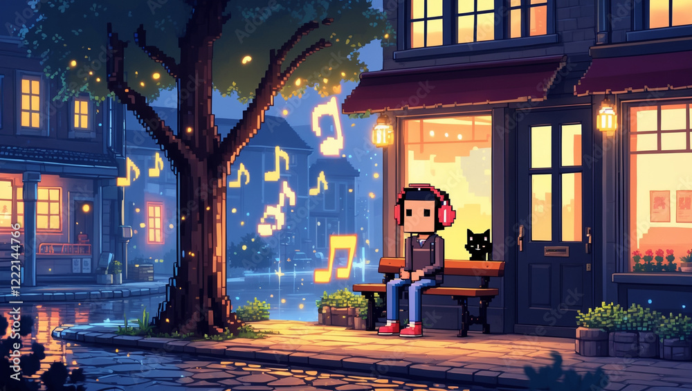 Naklejka premium A pixel art illustration depicts a person in headphones sitting on a bench in a quiet city at night, near a tree with glowing musical notes. A black cat sits nearby.