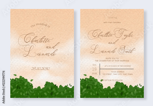 Set of Watercolor sunset sky with floral field landscape mountain wedding invitation template