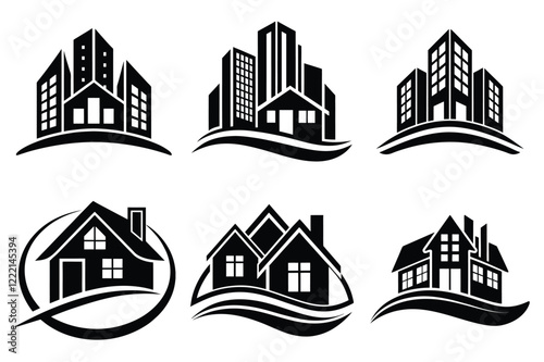 Real Estate icon set. Vector illustration. The collection contains icons: House, Real Estate Insurance, Real Estate Agent, House Key, Domestic Life, Real Estate Construction, Relocation, Home.