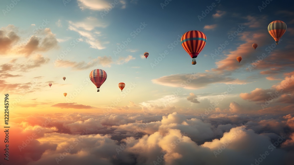 Obraz premium A group of colorful hot air balloons gracefully floating and ascending into the serene ethereal cloudy sky landscape creating a captivating and vista