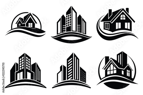 Real Estate icon set. Vector illustration. The collection contains icons: House, Real Estate Insurance, Real Estate Agent, House Key, Domestic Life, Real Estate Construction, Relocation, Home.