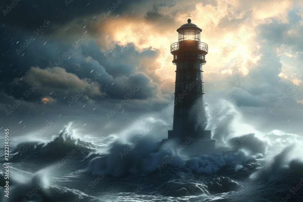 A lighthouse stands resilient against powerful storm waves on the North Sea as dark clouds gather and lightning lights up the turbulent sky A lighthouse stands resilient against powerful storm waves on the North Sea as dark clouds gather and lightning lights up the turbulent sky