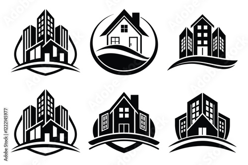 Real Estate icon set. Vector illustration. The collection contains icons: House, Real Estate Insurance, Real Estate Agent, House Key, Domestic Life, Real Estate Construction, Relocation, Home.