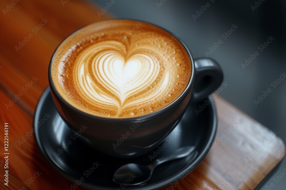 Enjoying a delicious cappuccino with heart-shaped foam art in a cozy cafe setting during a relaxing afternoon break Enjoying a delicious cappuccino with heart-shaped foam art in a cozy cafe setting during a relaxing afternoon break