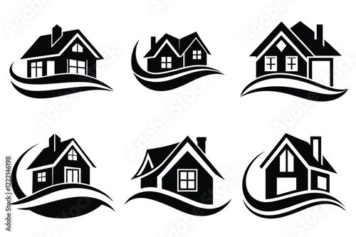 Real Estate icon set. Vector illustration. The collection contains icons: House, Real Estate Insurance, Real Estate Agent, House Key, Domestic Life, Real Estate Construction, Relocation, Home.