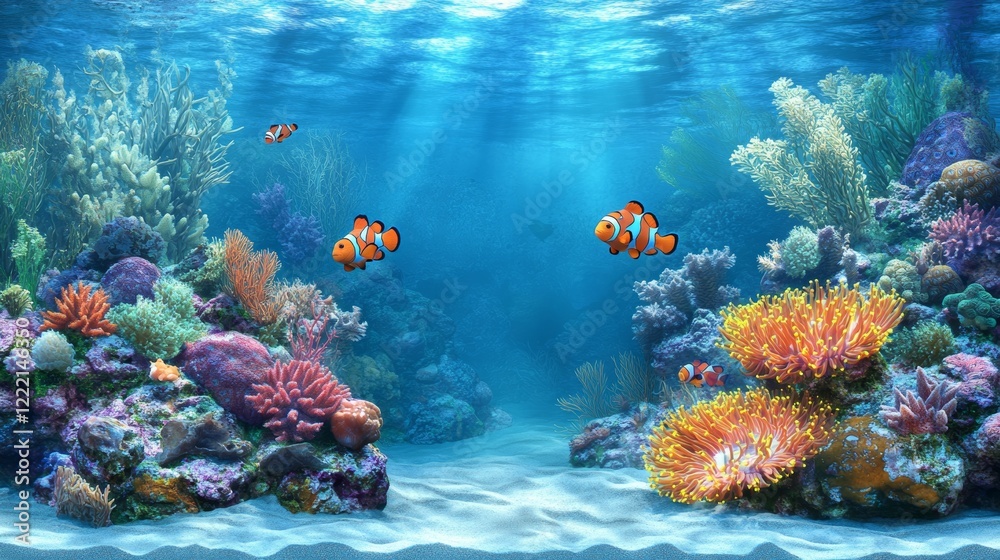 Obraz premium Amphiprion Ocellaris Clownfish In Marine Aquarium. Clownfish swim around their host anemone with blue water behind. Photo of a tropical Fish on a coral reef.