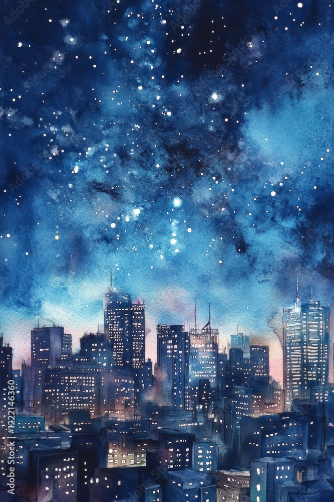 Obraz premium Nighttime City Skyline with Starry Sky and Cosmic Atmosphere
