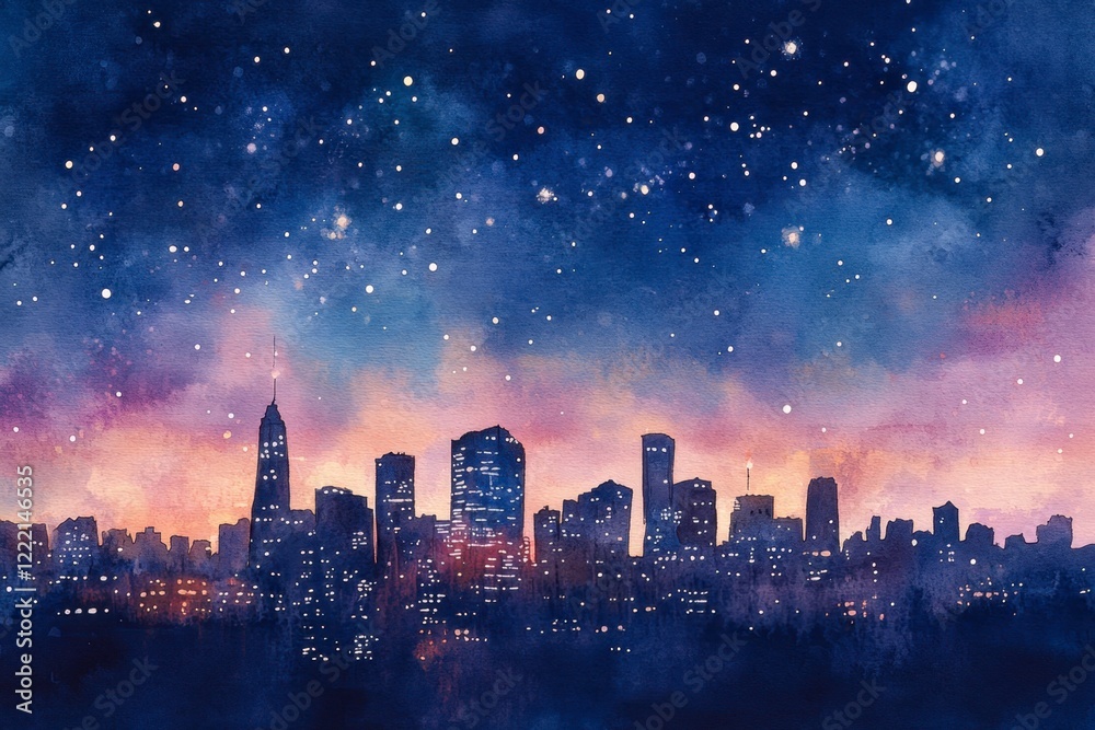 Fototapeta premium Nighttime Urban Skyline with Stars and Cloudy Sky Watercolor Art