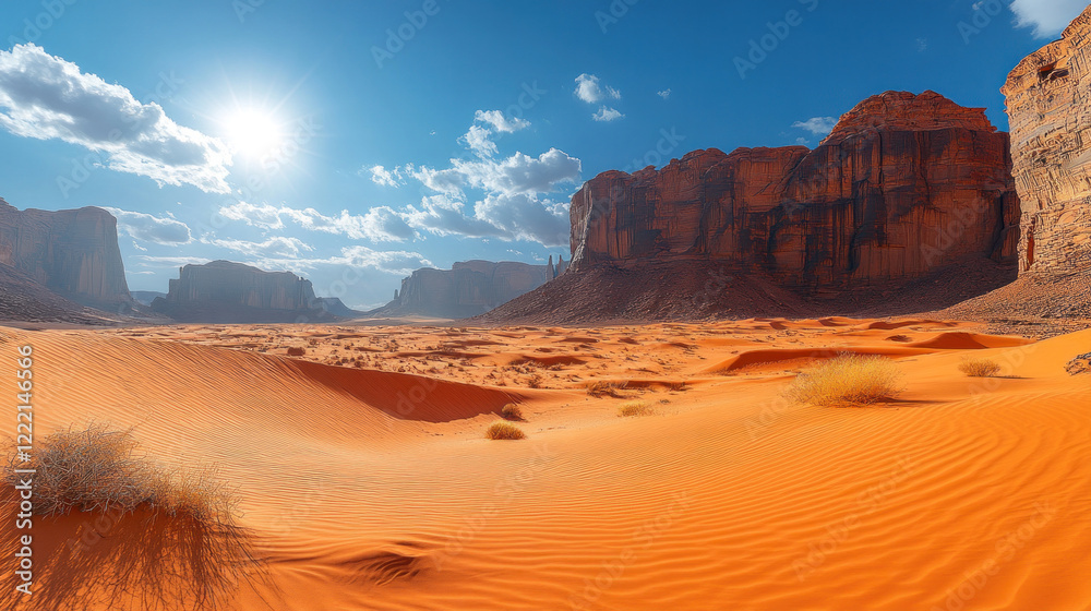 Fototapeta premium Sweeping desert dunes under a blazing sun, with shadows creating a mesmerizing pattern