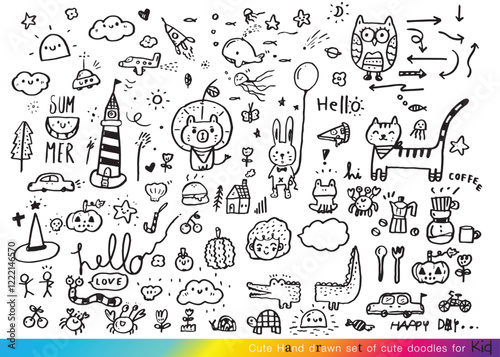 Vector illustration of Doodle cute for kid, Hand drawn set of cute doodles for decoration,Funny Doodle Hand Drawn, Summer, Doodle set of objects from a child's life,Cute animal