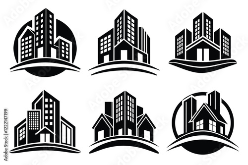 Real Estate icon set. Vector illustration. The collection contains icons: House, Real Estate Insurance, Real Estate Agent, House Key, Domestic Life, Real Estate Construction, Relocation, Home.