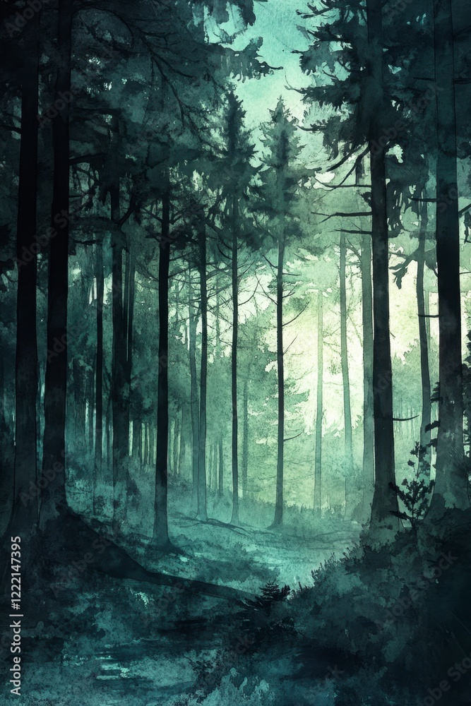 Fototapeta premium Mysterious Forest Pathway Under Foggy Atmosphere in Watercolor Style