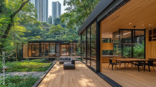 Modern Minimalist House in Lush Green Forest with City Skyline View